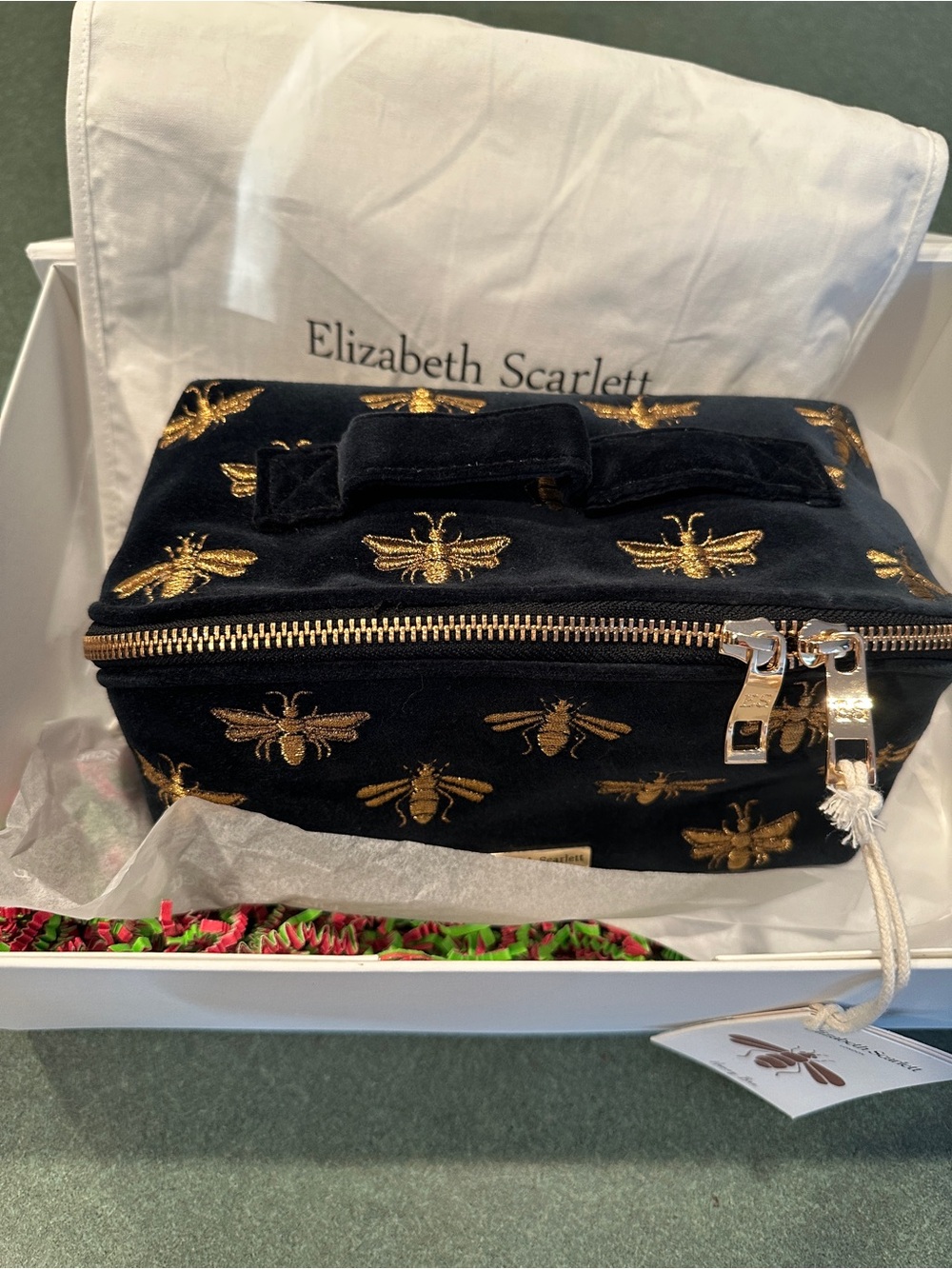 Elizabeth Scarlett-Navy Velvet Bee-Embroidered Cosmetics Pouch